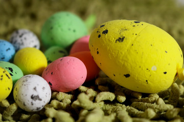 Uova di pasqua colorate con lo sfondo verde, decorazioni e festività