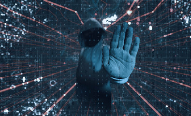 Internet crime concept. Hacker working on a code on dark digital background