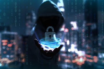 Internet crime concept. Hacker working on a code on dark digital background