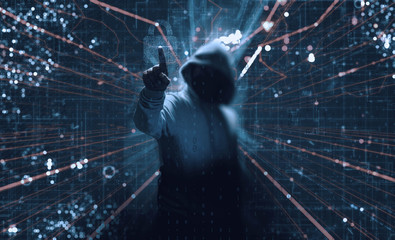 Internet crime concept. Hacker working on a code on dark digital background
