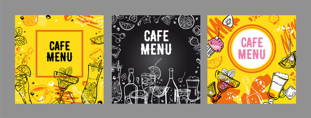 Set of cafe menu cover design templates. Vector outline hand drawn illustration with different cocktails, bottles and coffee cups with yellow and blackboard background