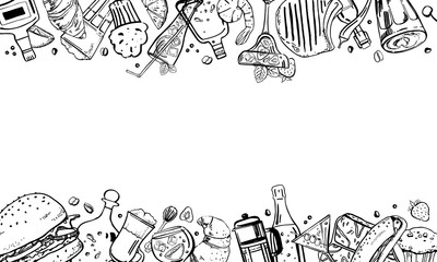 Vector outline hand drawn frame with sketch illustration with food, sandwiches, alcohol and coffee drinks, desserts and bottles on top and bottom isolated black on white background