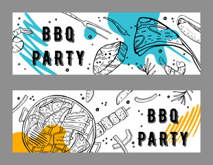 Two BBQ party  flyers design templates. Outline sketch vector hand drawn illustration with different food and colorful spots on white background