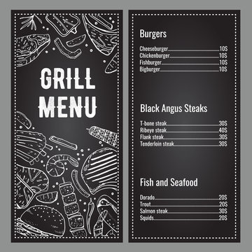 Grill menu two page design template with list of meat, fish and burgers. Outline vector hand drawn sketch illustration with different food white on blackboard background