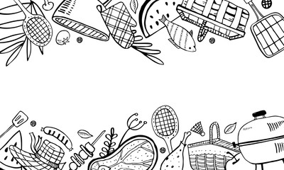 Rectangular frame with picnic, summer eating out and barbecue objects on top and bottom. Outline vector sketch illustration black on white background