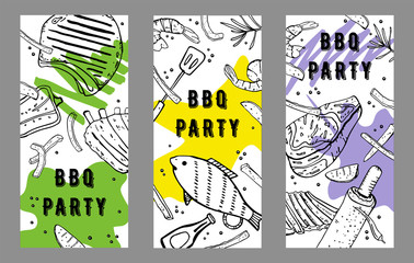 Set of three BBQ party  flyers design template. Outline sketch vector hand drawn illustration with different grilled food and colorful spots on white background