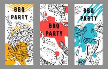 Three BBQ party  flyers design templates. Outline sketch vector hand drawn illustration with different food and colorful spots on white background