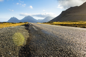 The number one ring road around Iceland in the light of the bright day sun and glare from it....