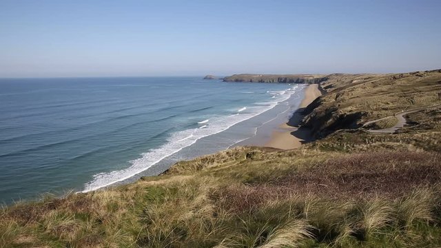 Perran sands Perranporth North Cornwall England UK viewed from the coast path towards Penhale Sands