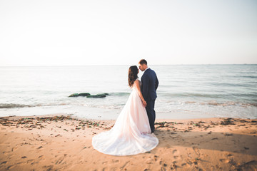 Fototapeta na wymiar Happy and romantic scene of just married young wedding couple posing on beautiful beach