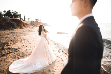 Wedding couple kissing and hugging on rocks near blue sea