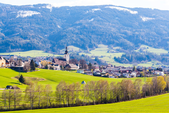 Irdning in Ennstal. Village in the Austrian Alps during springtime