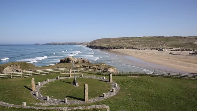 Perranporth beach Cornwall with sundial