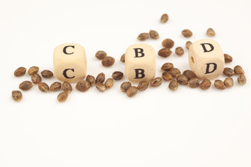 Hemp seeds on white background with alphabet cubes CBD