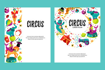 Circus. Vector illustration set with animals, clowns and magicians. Template for circus show, party invitation, poster, kids birthday. Flat style. © Natalia