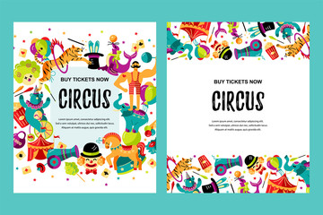Circus. Vector illustration set with animals, clowns and magicians. Template for circus show, party invitation, poster, kids birthday. Flat style.