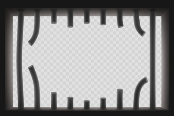 Window with sawed prison bars. Jail break.