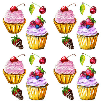 seamless pattern dessert sweetness food cupcake watercolor illustration
