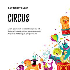 Obraz premium Circus. Vector illustration with animals, clowns and magicians. Template for circus show, party invitation, poster, kids birthday. Flat style.