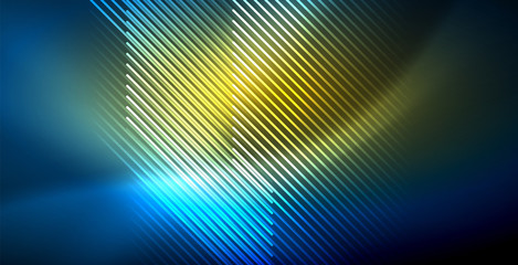 Neon glowing techno lines, blue hi-tech futuristic abstract background template with lights