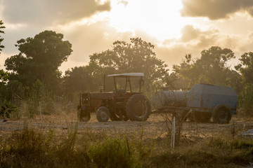 Fototapeta premium Old red tractor, with herbicide spray tanks, parking in a field, during sunset