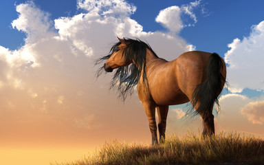 A horse with a light brown "Chestnut" coat stands on a grassy hillside watching the sunset.  A gentle breeze picks up its black mane and tail as it gazes into the distance. 3D Rendering © Daniel Eskridge