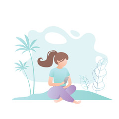 Obraz na płótnie Canvas Girl sitting with a smartphone in hand, park or beach on background