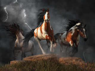 Three wild mustangs gallop through the winds of a dark storm. Lightning strikes behind them and drives these mighty horses towards you as if the sky itself wants you ridden down. 3D Rendering - obrazy, fototapety, plakaty
