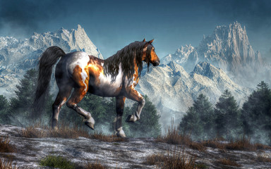 A brown and white pinto coated horse with a dark mane and tail trots across a snow covered field towards a forest of fir trees. In the distance, rocky mountains just into the sky. 3D Rendering © Daniel Eskridge