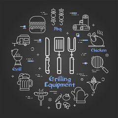 Vector black linear banner of grilling equipment