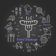 Vector black linear banner of fried sausage