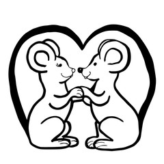 Loving mice hold hands. Heart shaped rodents with long tails. Black and white illustration. Coloring page.