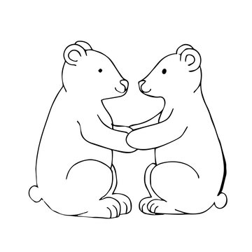 Black white vector illustration. Two polar bears sit facing each other and hold on to their paws. Template for a romantic greeting card. Coloring page.