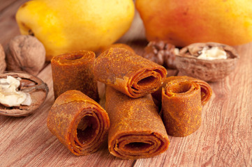 Homemade fruit leather of pear. Pastila. Fruit rolls. Fresh fruits