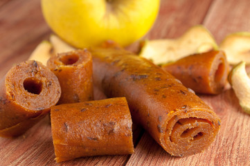 Homemade fruit leather of apple and sea ​​buckthorn. Pastila. Fruit rolls.