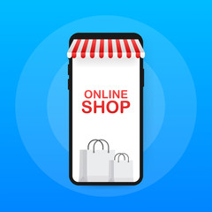 Shopping Online on Website. Online store, shop concept on smartphone screen. Vector illustration.