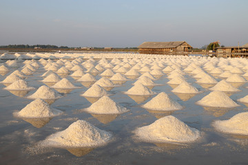 Sea salt in salt farm ready for harvest at Ban Laem, Phetchaburi Province, Thailand