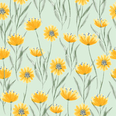 vector watercolor yellow wild floral seamless pattern