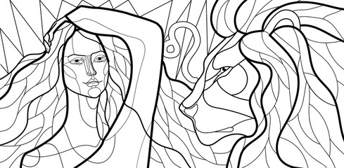 black and white linear illustration with the image of a girl, the personification of the zodiac sign. Style Stained Glass