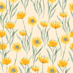 vector watercolor yellow wild floral seamless pattern