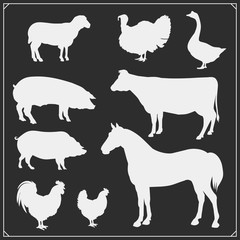 Farm animals vector silhouette set. Vector monochrome illustration.