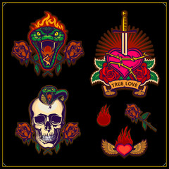 True love is love forever. Emblems with sword, heart, skull and green aggressive serpent with burning head. Vector tattoo design. Design for t-shirt, poster, card and sport club.