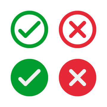 green check and red cross symbols, round vector signs