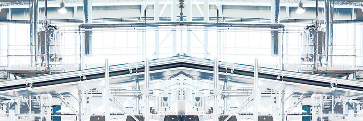 Obraz premium Industrial background - pipes, feed line, supports, equipment, machinery. Toned collage, wide panoramic image in blue and gray colors.