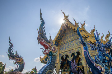 Fototapeta na wymiar Chiang Rai Wat Rong Seur Ten (Blue Temple) is a modern Buddhist temple with blue color and elaborate carvings.Wat Rong Seur Ten is one of famous landmark for tourist in chiangrai,thailand