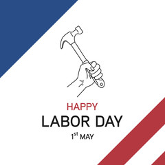 Happy Labor day,  hand hold hummer in line style logo with usa flag color at background vector illustration