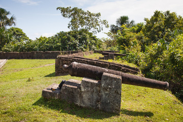 Fortress. Guns of Fort Zeelandia, Guyana. Fort Zealand is located on the island of the Essequibo river. The Fort was built in 1743 during the Dutch colonization. World tourism.