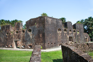 Fortress. Brick walls of Fort Zeelandia, Guyana. Fort Zealand is located on the island of the...