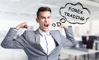 Business, technology, internet and networking concept. Young entrepreneur shouts out a keyword: Forex trading