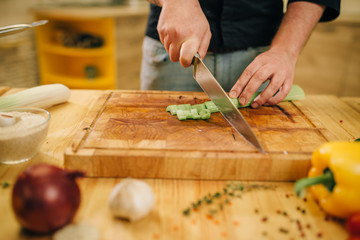 Male person cooking meat with vegetables in a pan